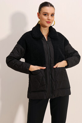 5182 Peluş Detaylı Oversize Şişme Mont - Siyah - 3