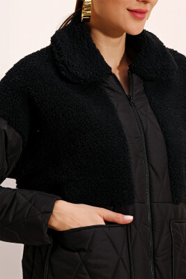 5182 Peluş Detaylı Oversize Şişme Mont - Siyah - 5