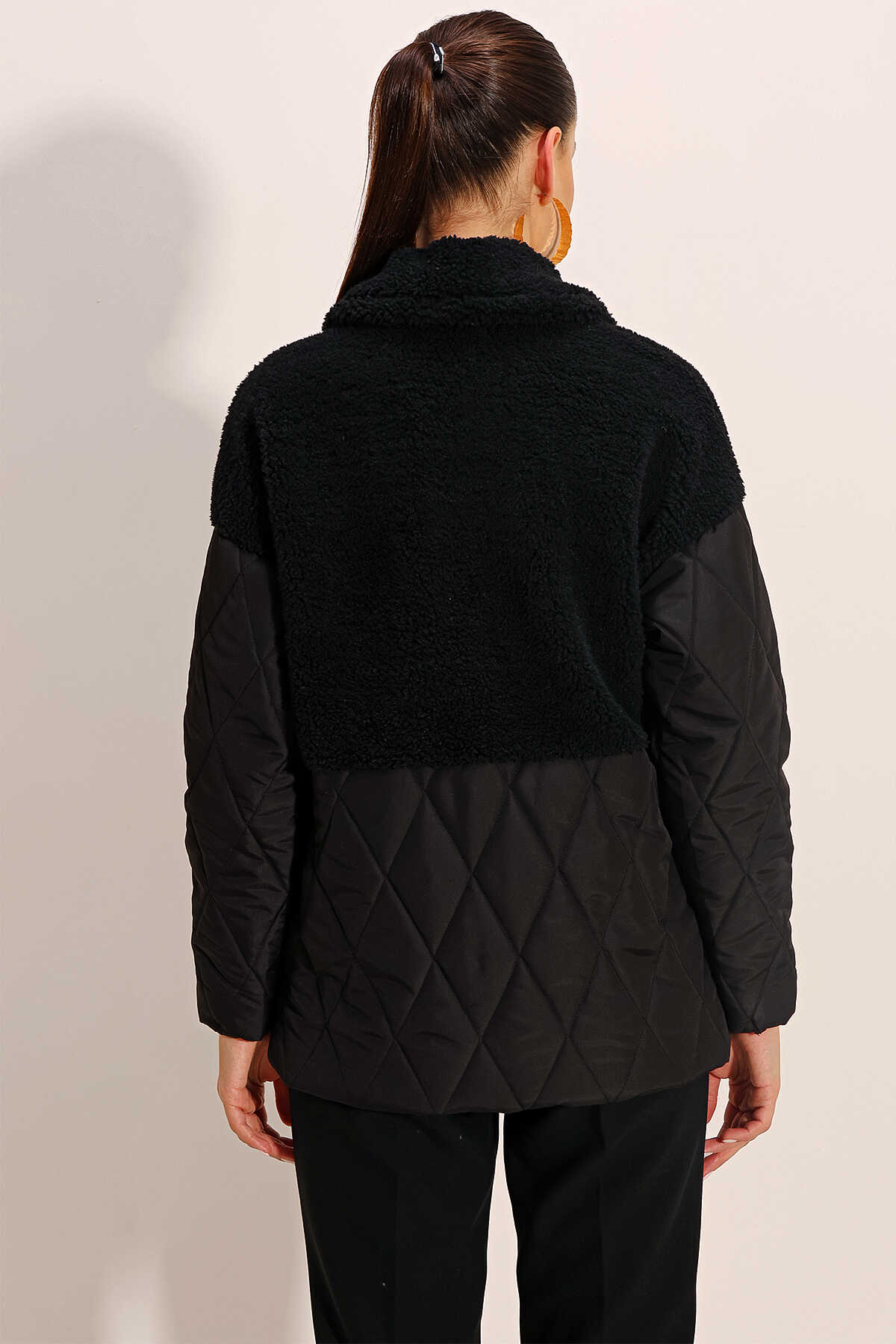 5182 Peluş Detaylı Oversize Şişme Mont - Siyah - 6