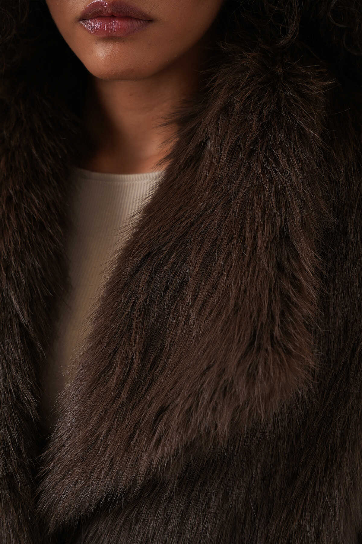 5186 Kruvaze Peluş Kürk Kaban - Kahverengi - 6