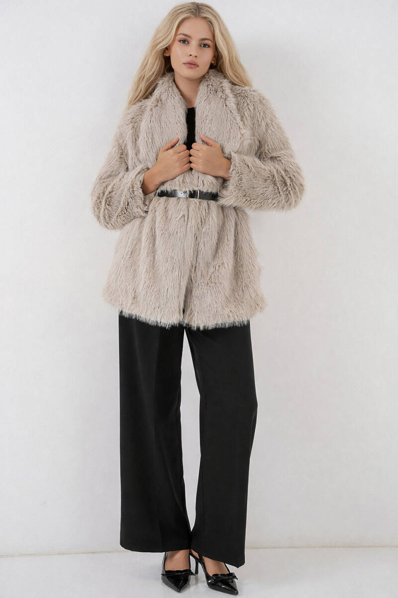 5186 Kruvaze Peluş Kürk Kaban - Krem - BİGDART
