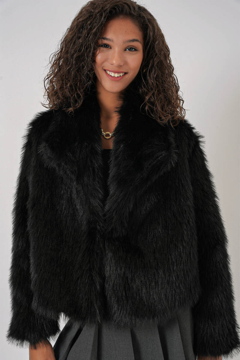 5186 Kruvaze Peluş Kürk Kaban - Siyah - BİGDART
