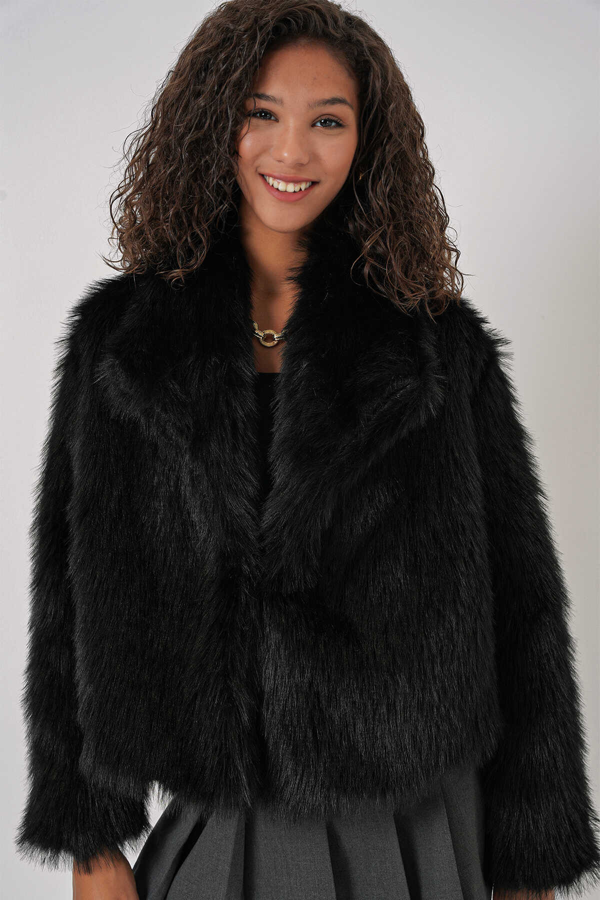 5186 Kruvaze Peluş Kürk Kaban - Siyah - 1