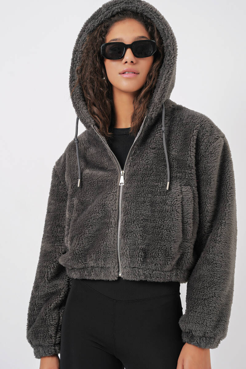 5193 Kapüşonlu Peluş Crop Ceket - Antrasit - BİGDART