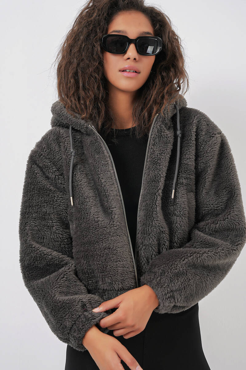 5193 Kapüşonlu Peluş Crop Ceket - Antrasit (1)
