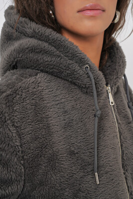 5193 Kapüşonlu Peluş Crop Ceket - Antrasit - 6