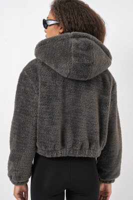 5193 Kapüşonlu Peluş Crop Ceket - Antrasit - 7