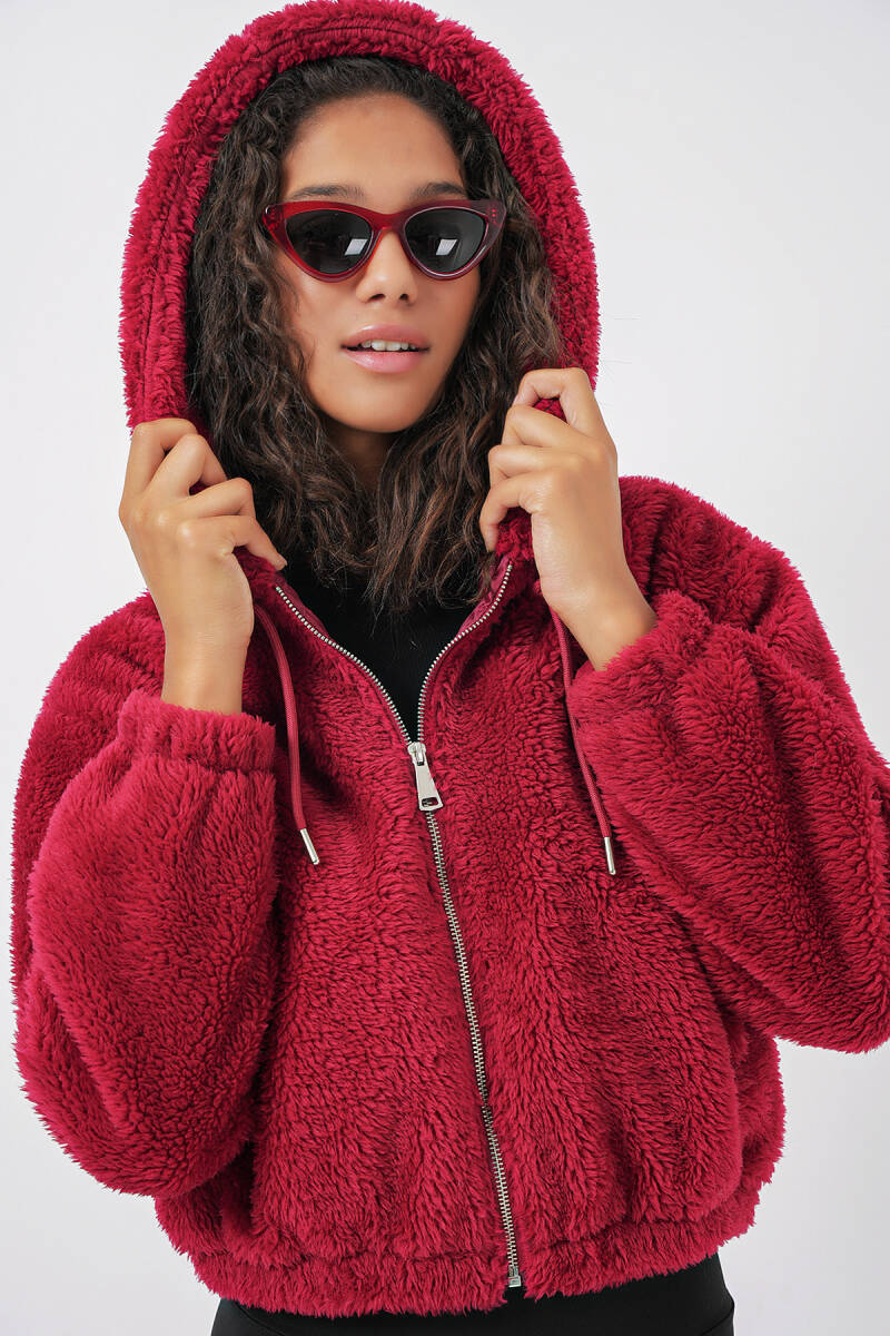 5193 Kapüşonlu Peluş Crop Ceket - Bordo - BİGDART