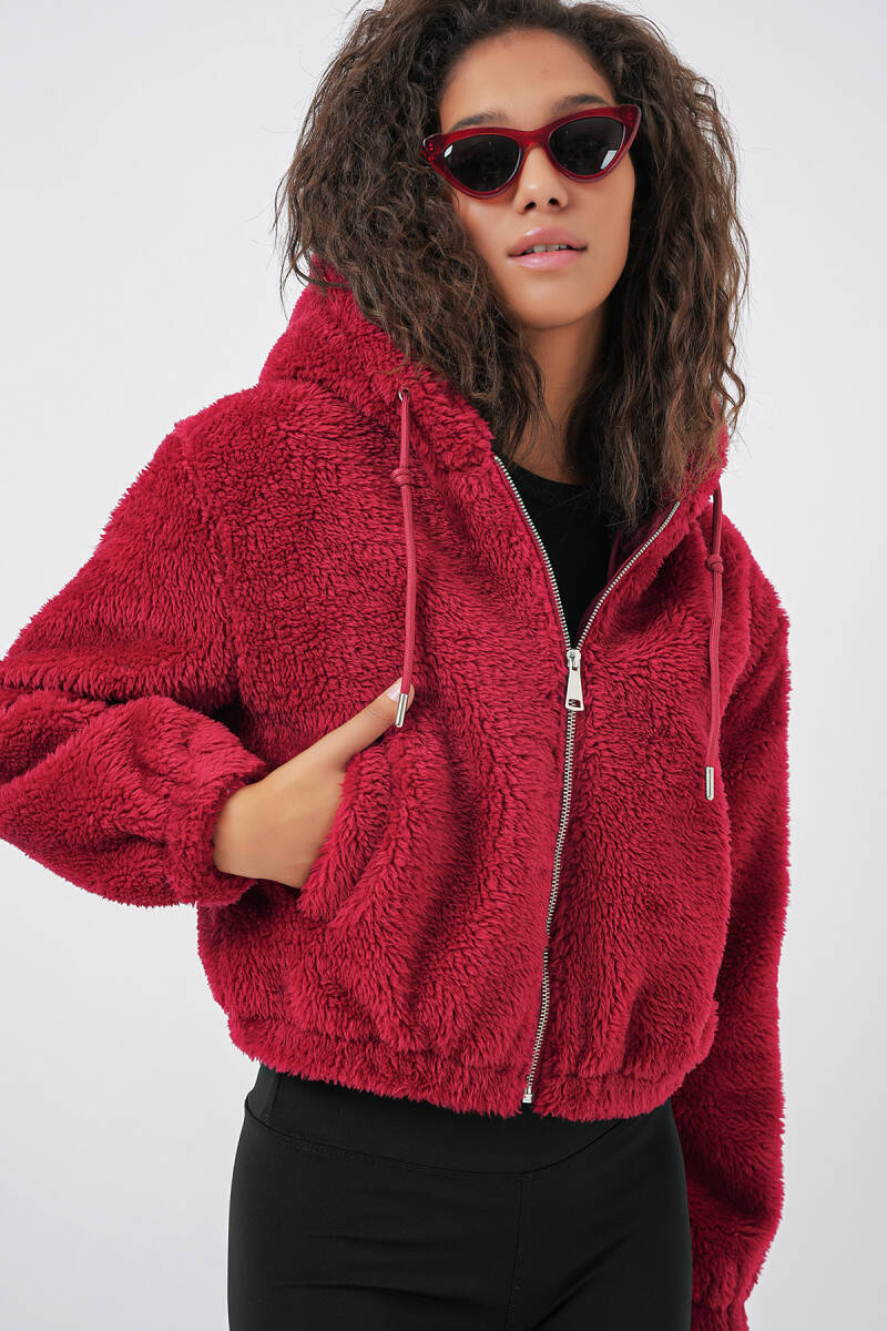 5193 Kapüşonlu Peluş Crop Ceket - Bordo (1)