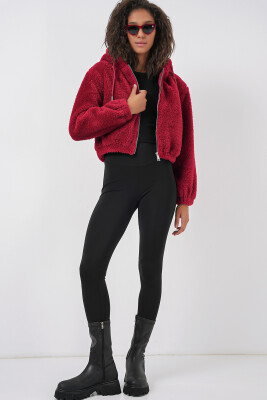 5193 Kapüşonlu Peluş Crop Ceket - Bordo - 3