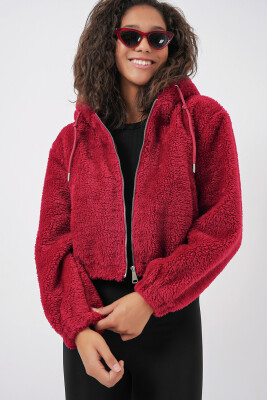 5193 Kapüşonlu Peluş Crop Ceket - Bordo - 4