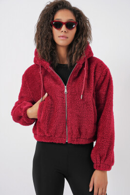 5193 Kapüşonlu Peluş Crop Ceket - Bordo - 5
