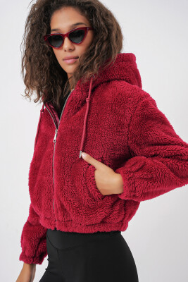5193 Kapüşonlu Peluş Crop Ceket - Bordo - 6