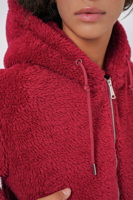 5193 Kapüşonlu Peluş Crop Ceket - Bordo - 7
