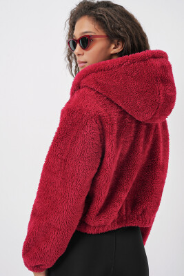 5193 Kapüşonlu Peluş Crop Ceket - Bordo - 8