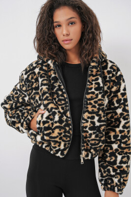 5193 Kapüşonlu Peluş Crop Ceket - D.Kahve - 2