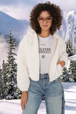 5193 Kapüşonlu Peluş Crop Ceket - Ekru - 1