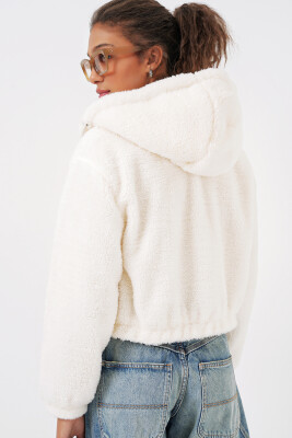 5193 Kapüşonlu Peluş Crop Ceket - Ekru - 6