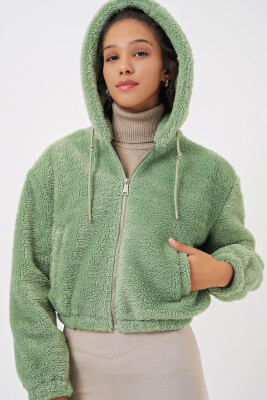 5193 Kapüşonlu Peluş Crop Ceket - E.Yeşil 