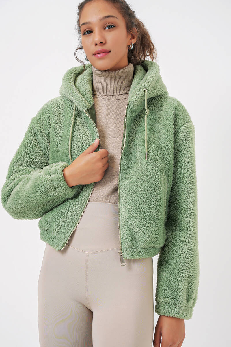 5193 Kapüşonlu Peluş Crop Ceket - E.Yeşil (1)