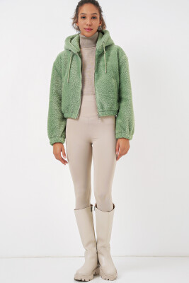 5193 Kapüşonlu Peluş Crop Ceket - E.Yeşil - 3