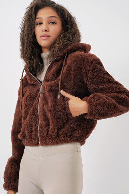 5193 Kapüşonlu Peluş Crop Ceket - Kahverengi - 3