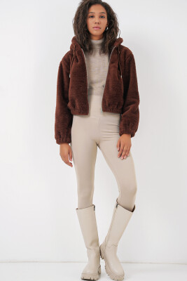 5193 Kapüşonlu Peluş Crop Ceket - Kahverengi - 4