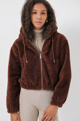 5193 Kapüşonlu Peluş Crop Ceket - Kahverengi - 5