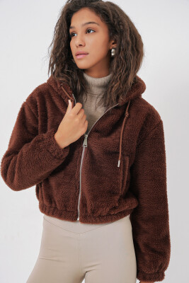 5193 Kapüşonlu Peluş Crop Ceket - Kahverengi - 6