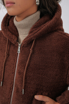 5193 Kapüşonlu Peluş Crop Ceket - Kahverengi - 7