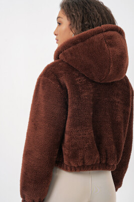 5193 Kapüşonlu Peluş Crop Ceket - Kahverengi - 8