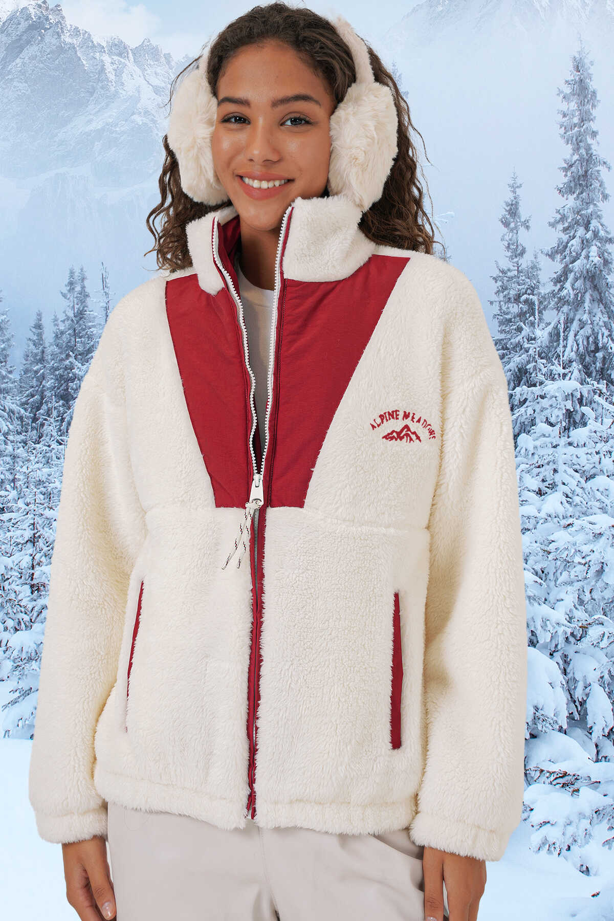 5194 Kadın Peluş Mont Ceket - Bordo - 1