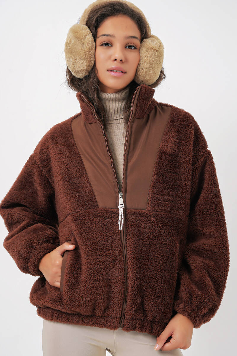 5194 Kadın Peluş Mont Ceket - Kahverengi - BİGDART