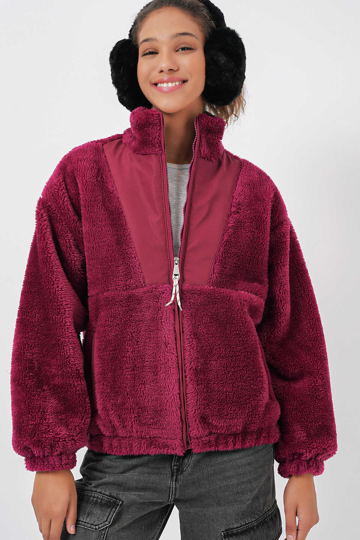 5194 Kadın Peluş Mont Ceket - Mürdüm - 1