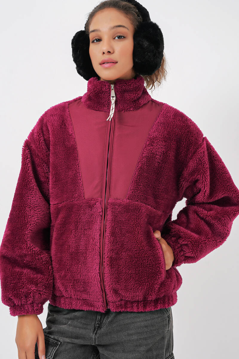5194 Kadın Peluş Mont Ceket - Mürdüm (1)