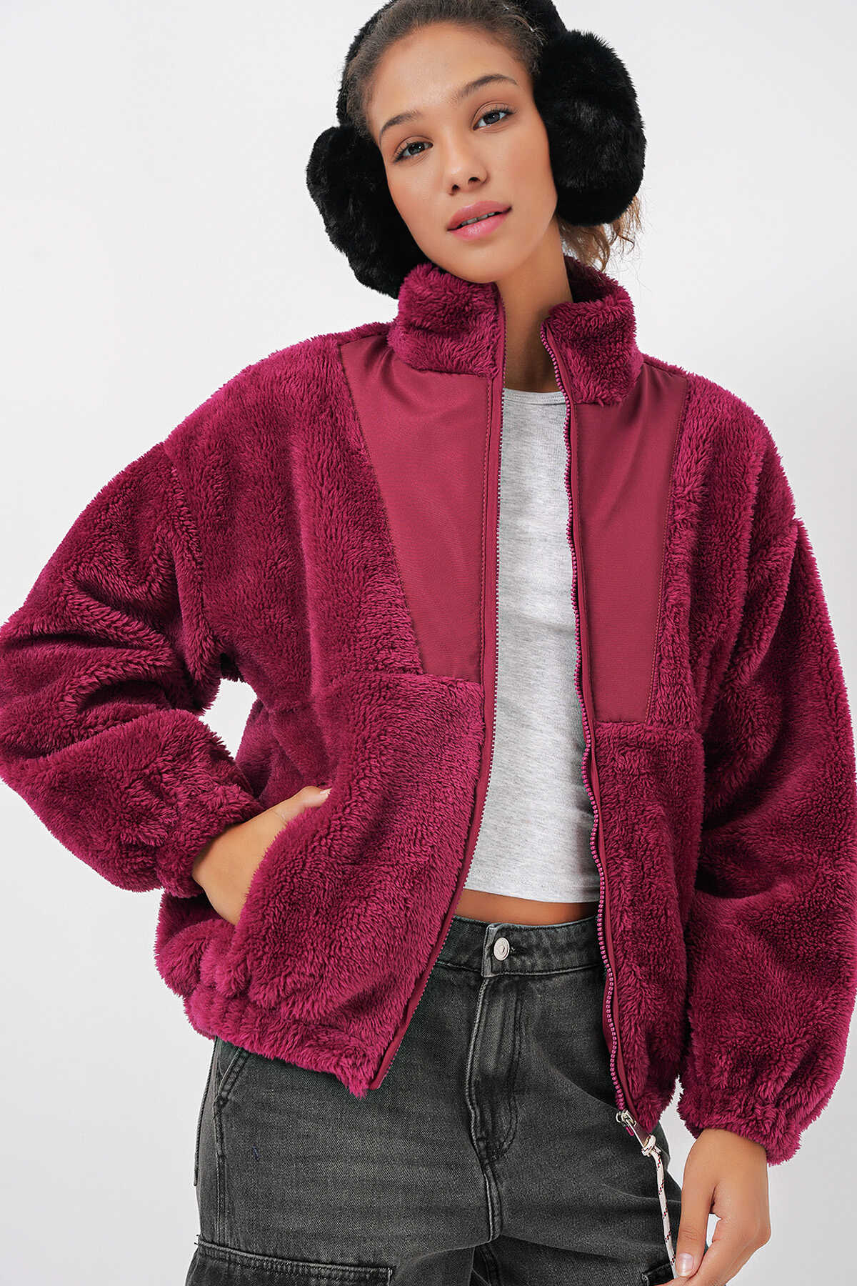 5194 Kadın Peluş Mont Ceket - Mürdüm - 3