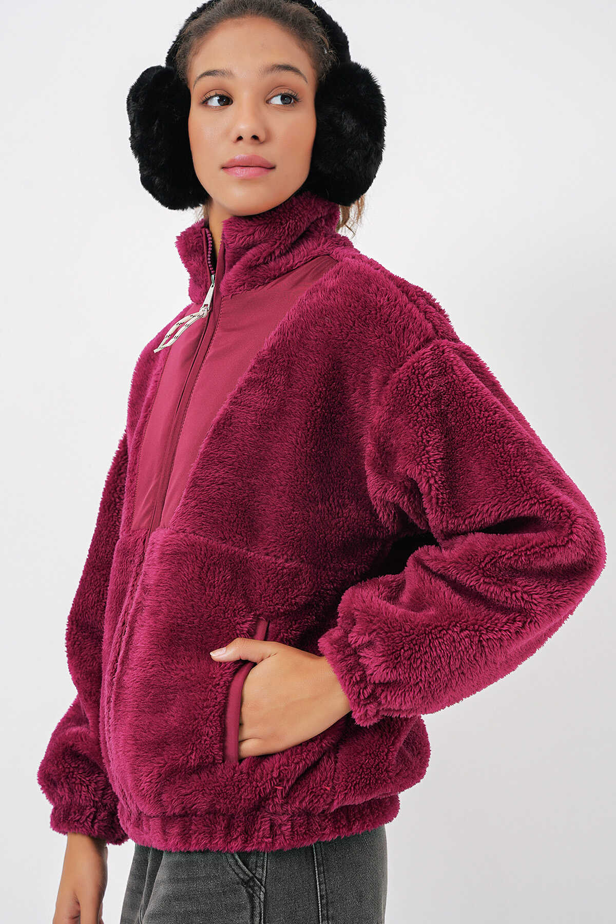 5194 Kadın Peluş Mont Ceket - Mürdüm - 6