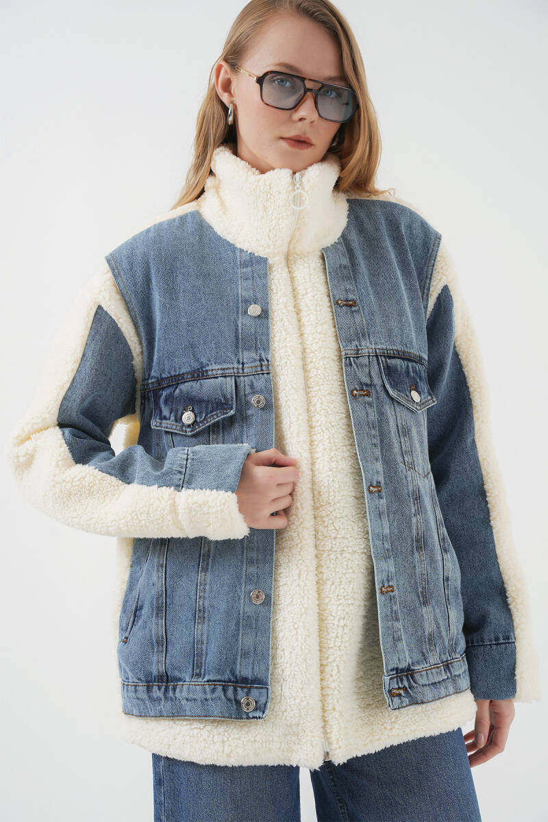 5198 Uzun Peluş Kot Mont - Lacivert - BİGDART