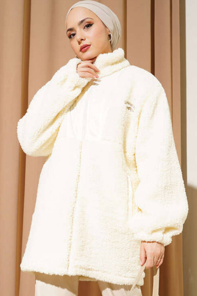 5208 Tesettür Peluş Mont - Ekru - BİGDART