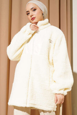 5208 Tesettür Peluş Mont - Ekru - BİGDART