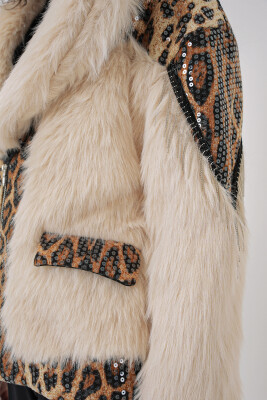 5209 Peluş Kürk Mont - Krem - 5
