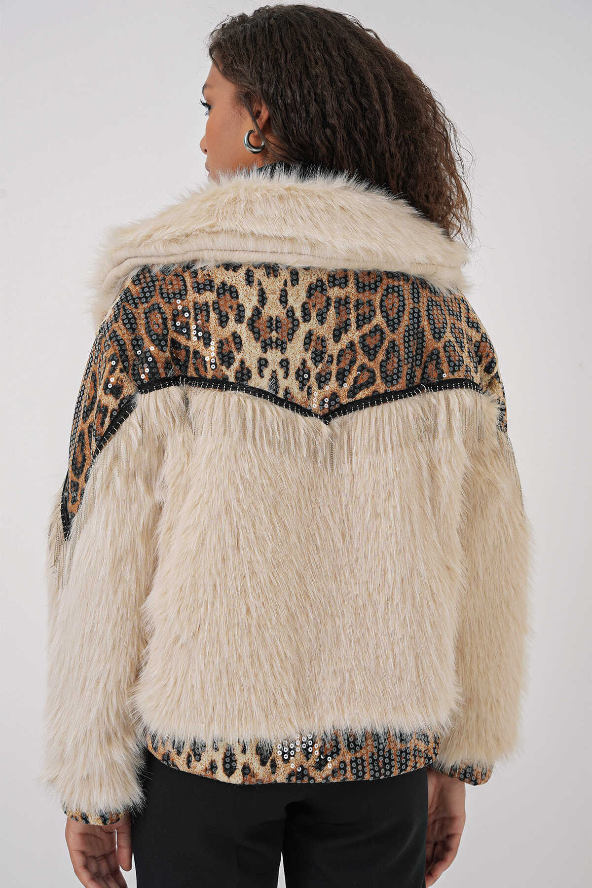 5209 Peluş Kürk Mont - Krem - 6