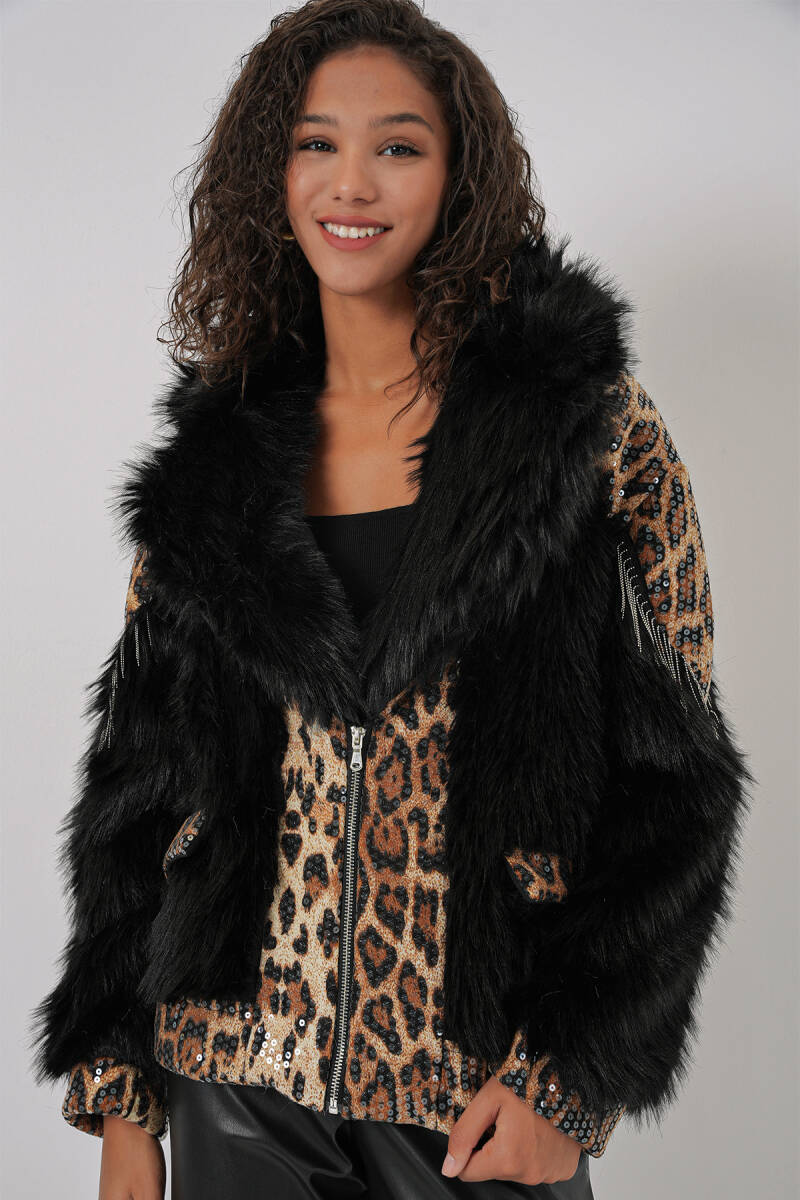 5209 Peluş Kürk Mont - Siyah - BİGDART