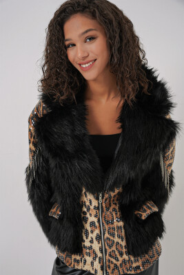 5209 Peluş Kürk Mont - Siyah - 3