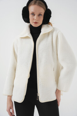 5211 Fermuarlı Peluş Mont - Ekru - 3