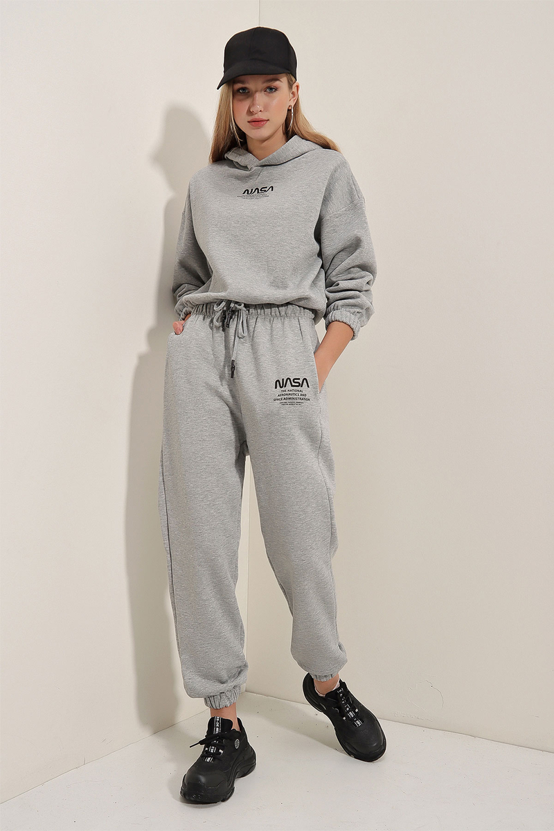 55313 Nasa Baskılı Eşofman Takımı - Düz Gri - BİGDART