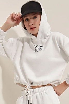 553130 Nasa Baskılı Crop Sweat - Beyaz 