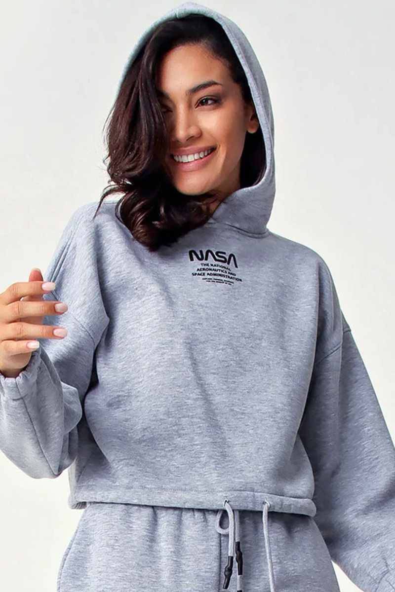 553130 Nasa Baskılı Crop Sweat - Gri - BİGDART