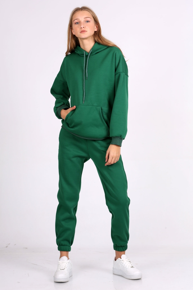 55323 Oversize Kapşonlu 3 İplik Eşofman Takımı - Yeşil - BİGDART