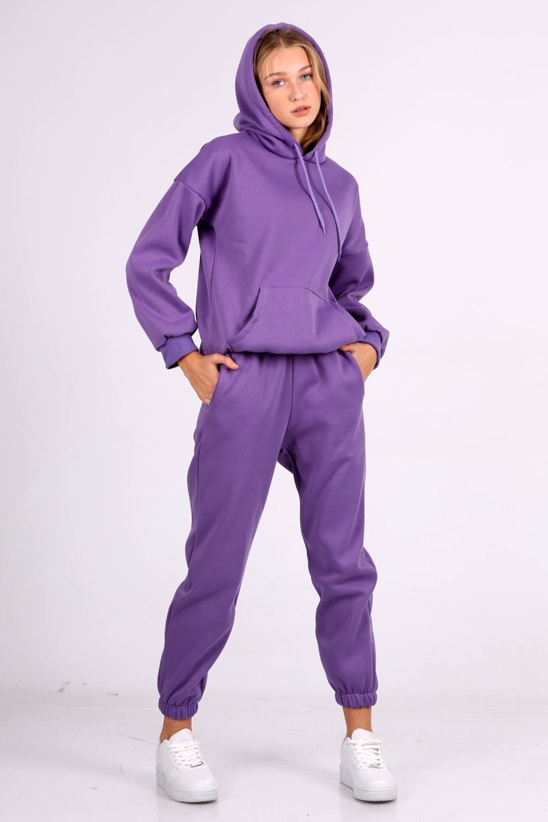 55323 Oversize Kapşonlu 3 İplik Eşofman Takımı - Lila - BİGDART
